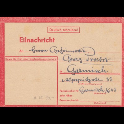 Eilnachricht /Lebenszeichen Postkarte München nach Garmisch, 6.3.45