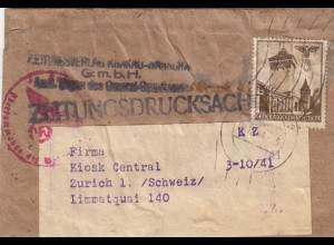 GG Zeitungsstreifband, an Kiosk Central, Zürich mit Zensur 1941, selten