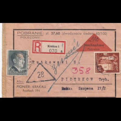 GG Nachnahme R-Briefausschnitt, portogerecht von Krakau nach Piotrkow und zurück