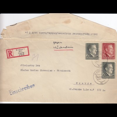 GG R-Brief Krakau, Rückschein !!!, portogerechte MiF mit Briefinhalt