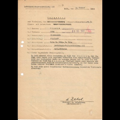 Vorschlag KVK 2. Kl., Bandenkampf, Malkow 6.43, SS-Pol. Reiterabteilung III