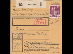 BiZone Paketkarte 1948: Nördlingen nach Eglfing-Haar, besondere Vermerke: frei