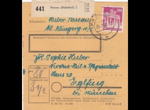 BiZone Paketkarte 1948 : Passau nach Eglfing, Nerven-Heil u. Pflegeanstalt