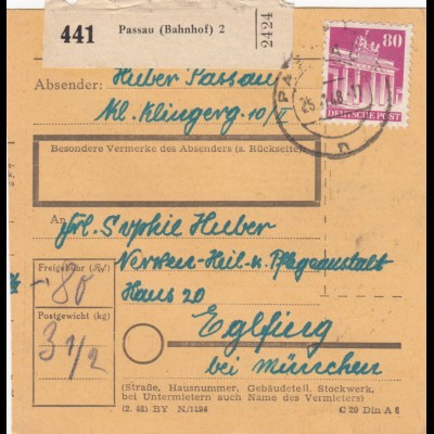 BiZone Paketkarte 1948 : Passau nach Eglfing, Nerven-Heil u. Pflegeanstalt