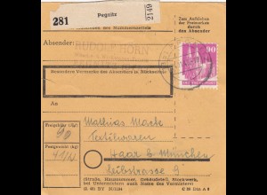 BiZone Paketkarte 1948: Pegnitz nach Textilwaren in Haar bei München