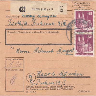 BiZone Paketkarte 1948: Fürth nach Haar b. München