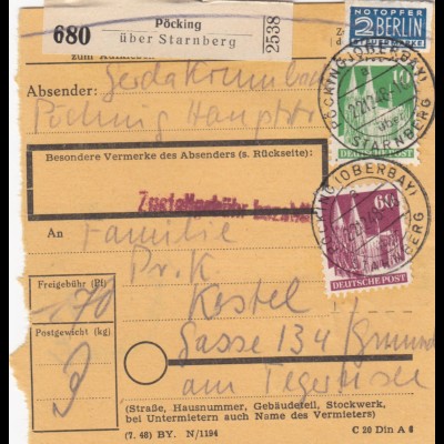 BiZone Paketkarte 1948: Pöking nach Gmund am Tegernsee