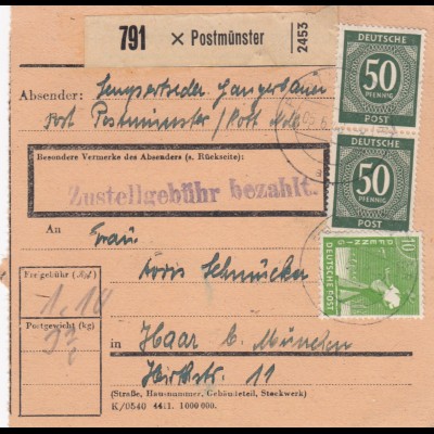 Paketkarte 1948: Postmünster nach Haar, München