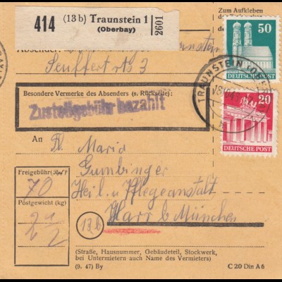 BiZone Paketkarte 1948: Traunstein nach Heil u. Pflegeanstalt Haar b. München