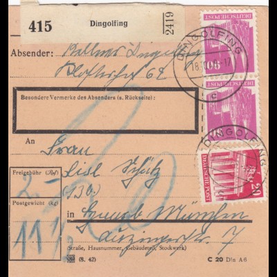 BiZone Paketkarte 1948: Dingolfing nach Gmund, Nachgebühr