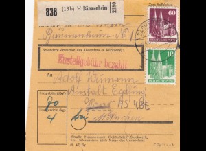 BiZone Paketkarte: 1948 Bäumenheim nach Haar, Ankunftstempel 1937 !!!