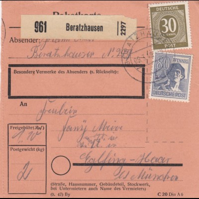 Paketkarte 1948: Beratzhausen nach Eglfing-Haar