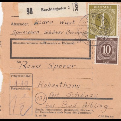 Paketkarte 18.12.1945: Berchtesgaden nach Hohenthann 20.12.46 !!! 