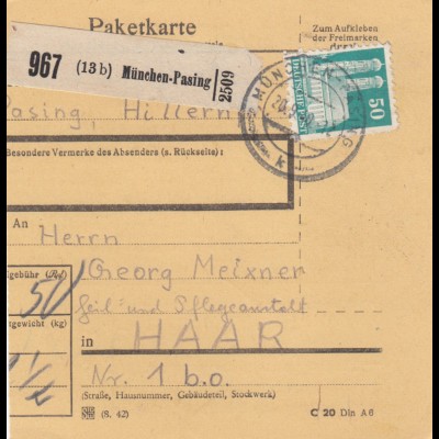 BiZone Paketkarte 1948: München-Pasing nach Haar, Heil- und Pflegeanstalt