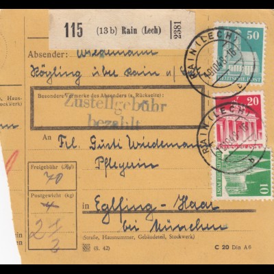 BiZone Paketkarte 1948: Rain (Lech) nach Eglfing, Pflegerin