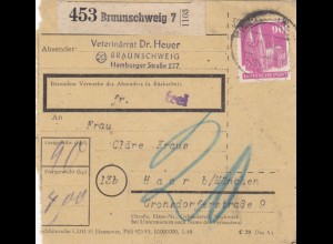 BiZone Paketkarte 1948 Braunschweig nach Haar, Selbstbucher mit Wert, Nachgebühr