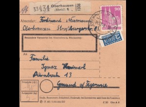 BiZone Paketkarte 1948: Oberhausen nach Gmund am Tegernsee