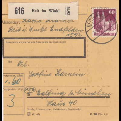 BiZone Paketkarte 1948: Reit im Wnkel nach Eglfing bei München