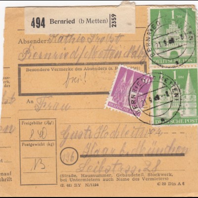 BiZone Paketkarte 1948: Bernried nach Haar bei München