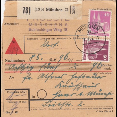 BiZone Paketkarte 1948: München nach Haar b. München, Nachnahme