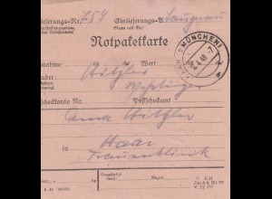 Paketkarte 1948: Langenau nach Haar, Notpaketkarte