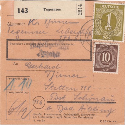 Paketkarte 1946: Tegernsee nach Schönau b. Bad Aibling