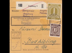 Paketkarte 1946: Augsburg nach Bad Aibling, Färberei