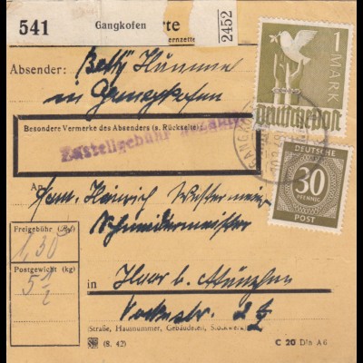 Paketkarte 1948: Gangkofen nach Haar b. München
