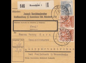 Paketkarte 1947: Rosenheim - Lippertskirchen, Selbstbucherkarte mit Wert