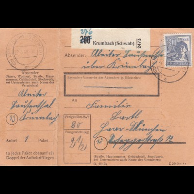 Paketkarte 1948: Krumbach nach Haar-München
