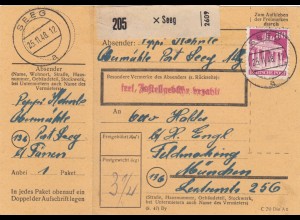 BiZone Paketkarte 1948: Seeg nach Feldmoching bei München