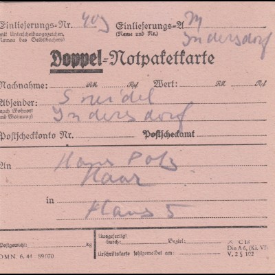 BiZone Paketkarte 1948: Indersdorf nach Haar, Doppel-Notpaketkarte