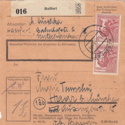 Paketkarte 1948: Haßfurt nach Haar bei München