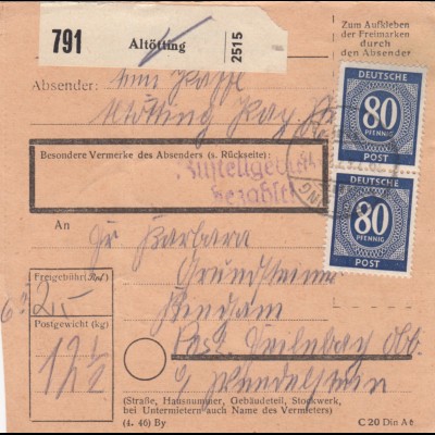Paketkarte 1947: Altötting nach Bad Feilnbach