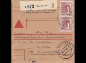 Paketkarte 1948: München nach Teisendorf, Selbstbucherkarte mit Wert