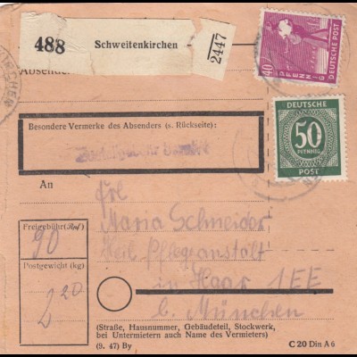 Paketkarte 1948: Scheitenkirchen nach Haar, Heil- u. Pflegeanstalt