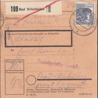 Paketkarte Bad Wörishofen nach Bad-Aibling, besonderer Vermerk: Schachtel
