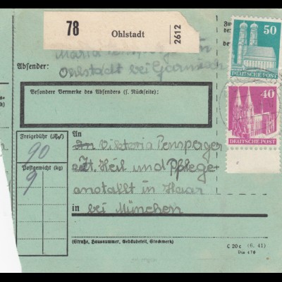 BiZone Paketkarte 1948: Ohlstadt nach Haar, Heilanstalt, seltenes Formular