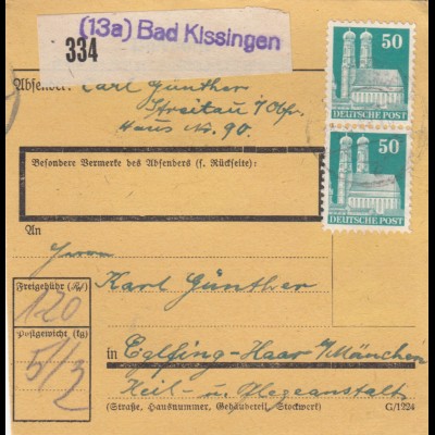 BiZone Paketkarte 1948: Bad Kissingen nach Eglfing-Haar, Heil- u. Pflegeanstalt