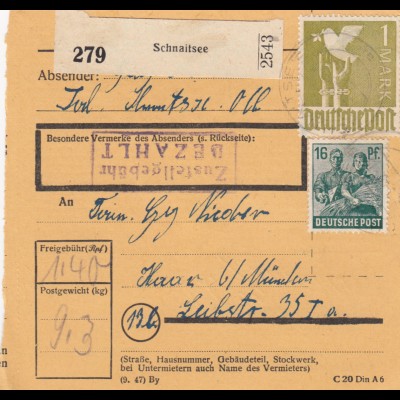 Paketkarte 1948: Schnaitsee nach Haar b. München