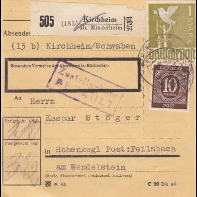 Paketkarte 1947: Kirchheim üb. Mindelheim nach Hohenkogl, Post Feilnbach