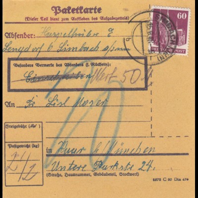 BiZone Paketkarte 1948: Lengdorf b. Simbach nach Haar