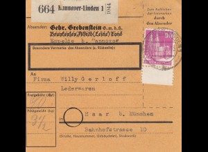 BiZone Paketkarte 1948: Hannover-Linden nach Haar, Selbstbucherkarte mit Wert