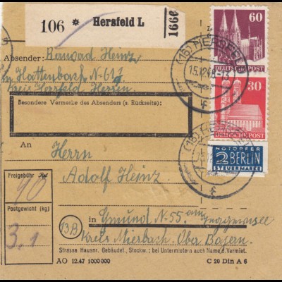 BiZone Paketkarte 1948: Hersfeld nach Gmund Tegernsee