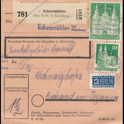 BiZone Paketkarte 1948: Eckersmühlen nach Gmund am Tegernsee