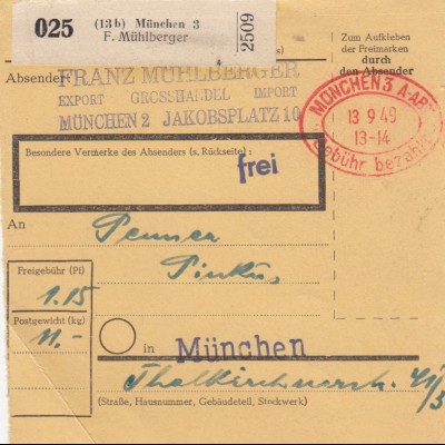 BiZone Paketkarte 1949: München nach München, Gebühr bezahlt Stempel