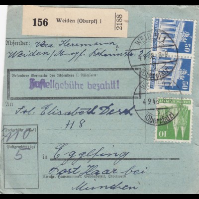 BiZone Paketkarte 1948: Weiden nach Eglfing, seltenes Formular
