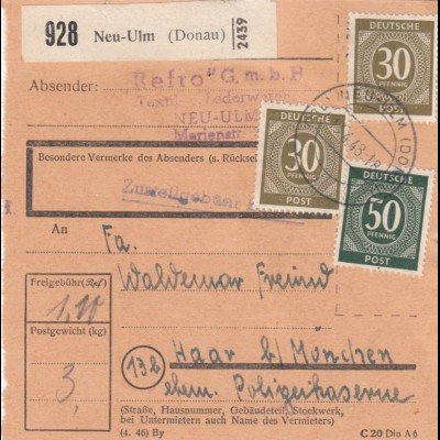 BiZone Paketkarte 1948: Neu-Ulm nach Haar, ehm. Polizeikaserne