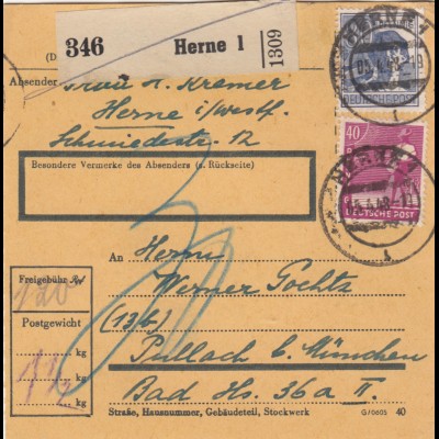 Paketkarte 1948: Herne 1 nach Pullach bei München, Nachgebühr