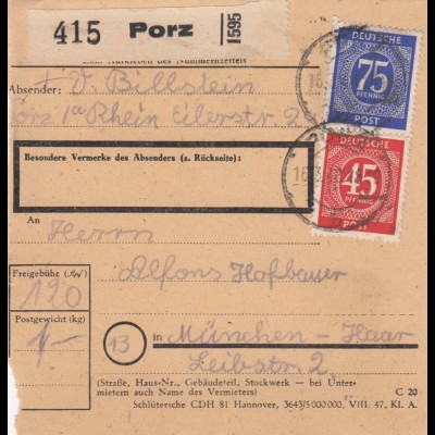 Paketkarte 1948: Porz nach München-Haar